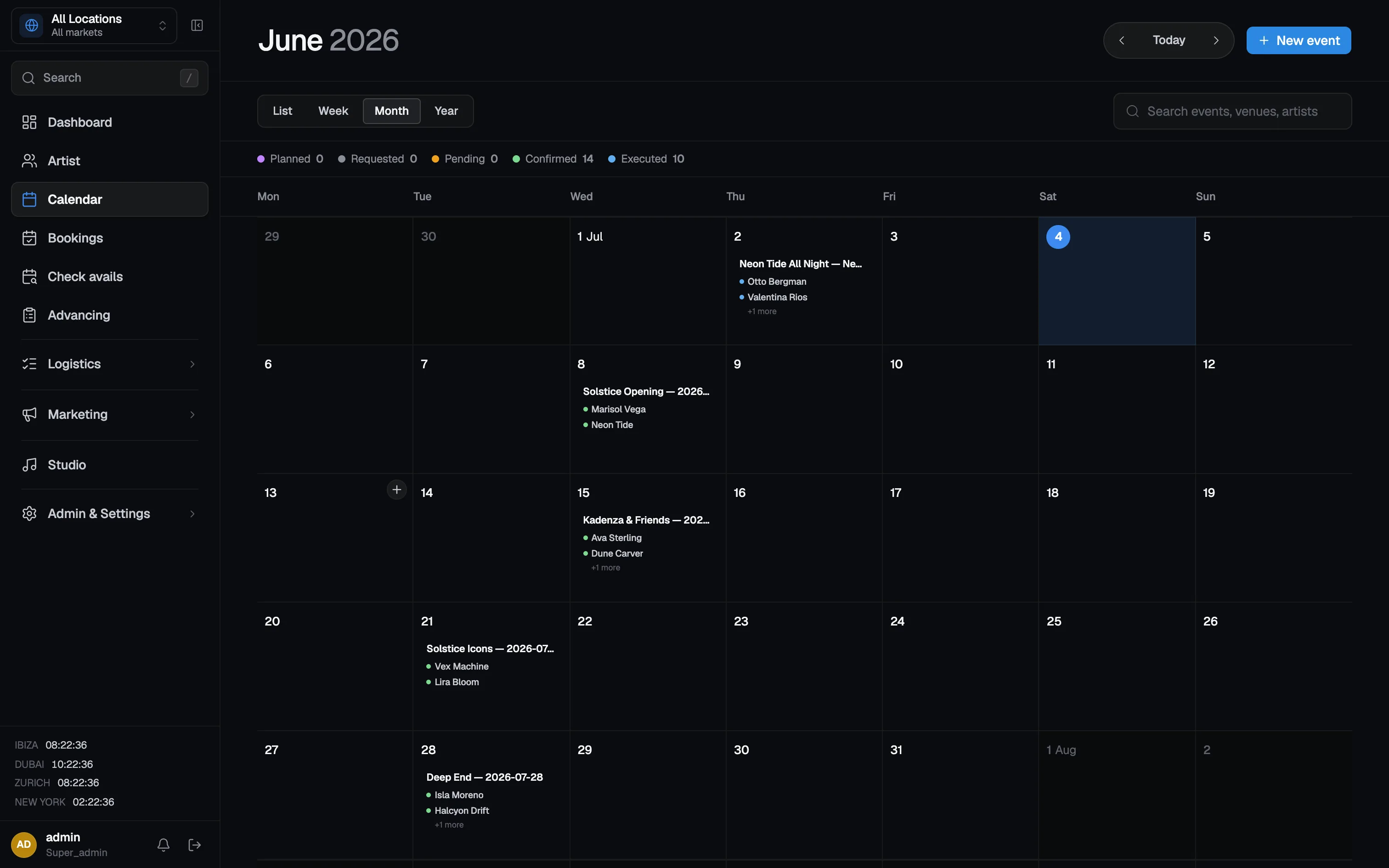 Dealstage calendar: a month grid of events with artist lineups and a status legend for planned, requested, pending, confirmed, and executed shows.