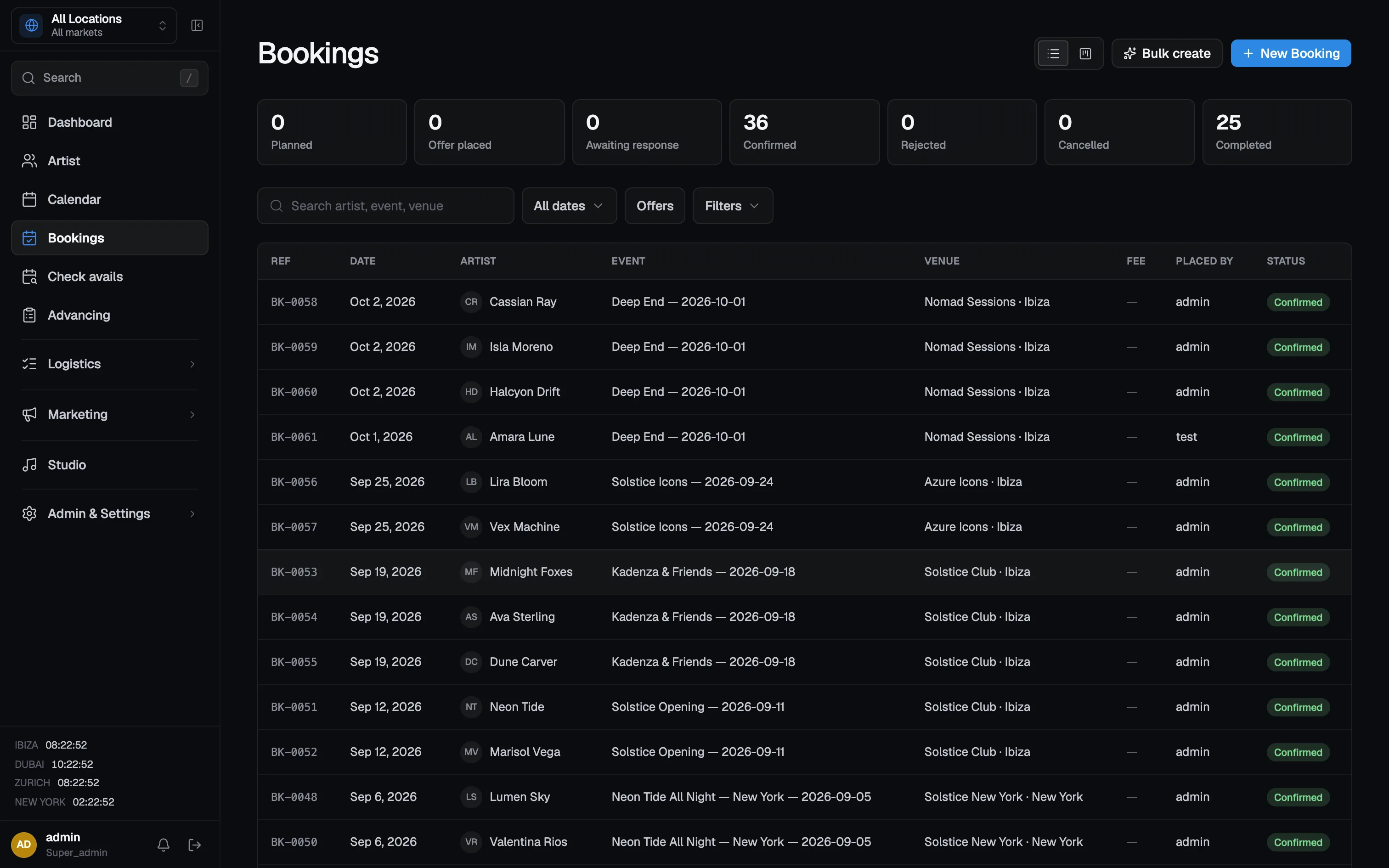 Dealstage bookings pipeline: tiles from planned to completed above a table of bookings with reference, artist, event, venue, and status.