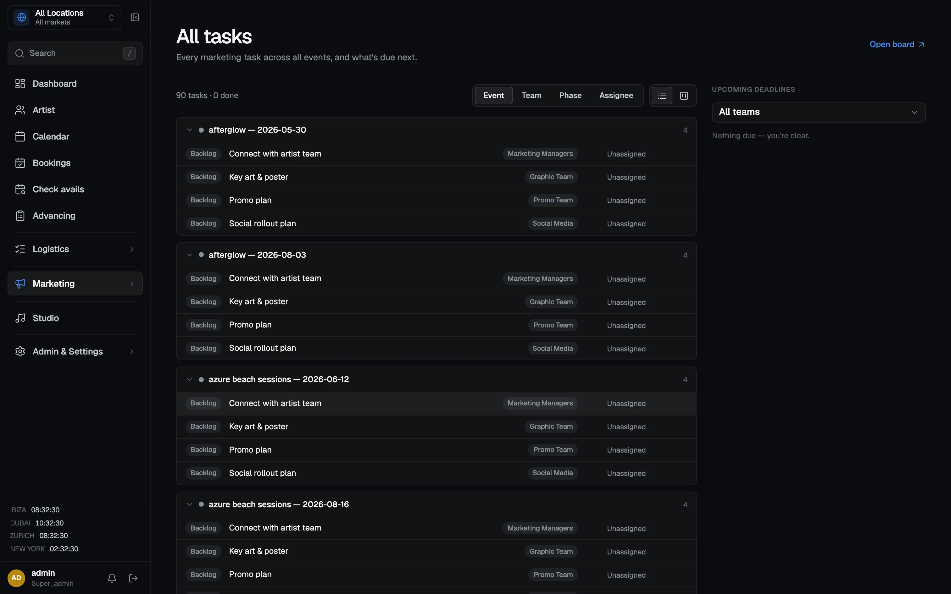 Dealstage marketing tasks: events with tasks like key art, promo plan, and social rollout, tagged by team, alongside an upcoming-deadlines panel.
